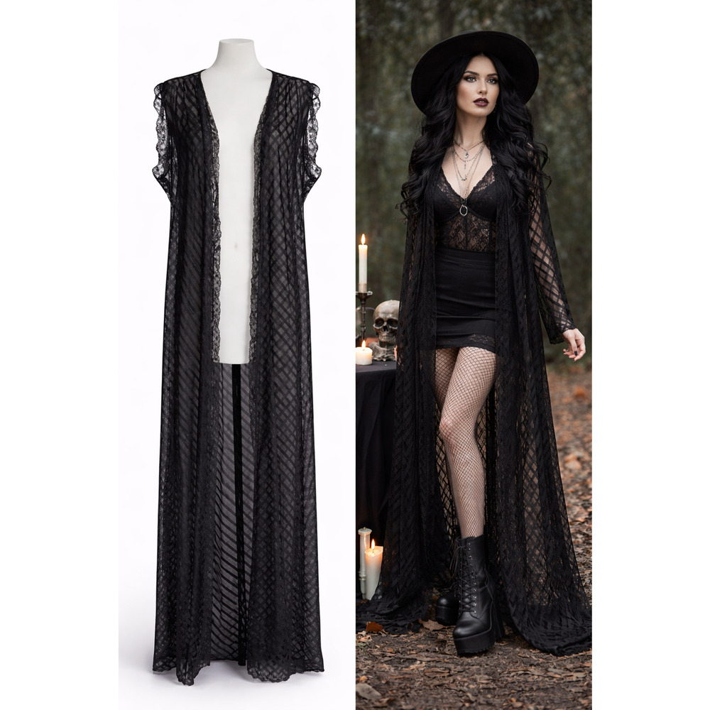 Vintage Val Mode Black Sheer Lace Duster Gothic Witchy Maxi Small